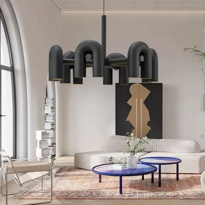 Art deco metal industrial chandelier – black & orange dining room light