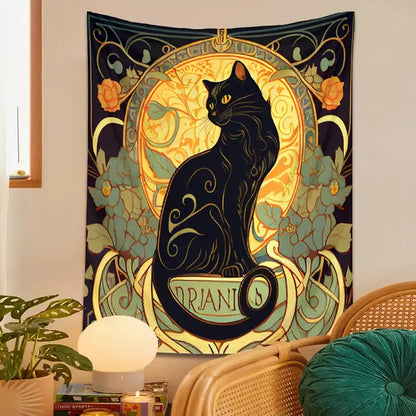 Art nouveau black cat tapestry bedroom floral wall decor