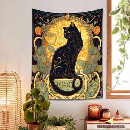 Art nouveau black cat tapestry bedroom floral wall decor