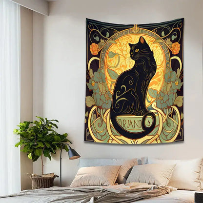 Art nouveau black cat tapestry bedroom floral wall decor