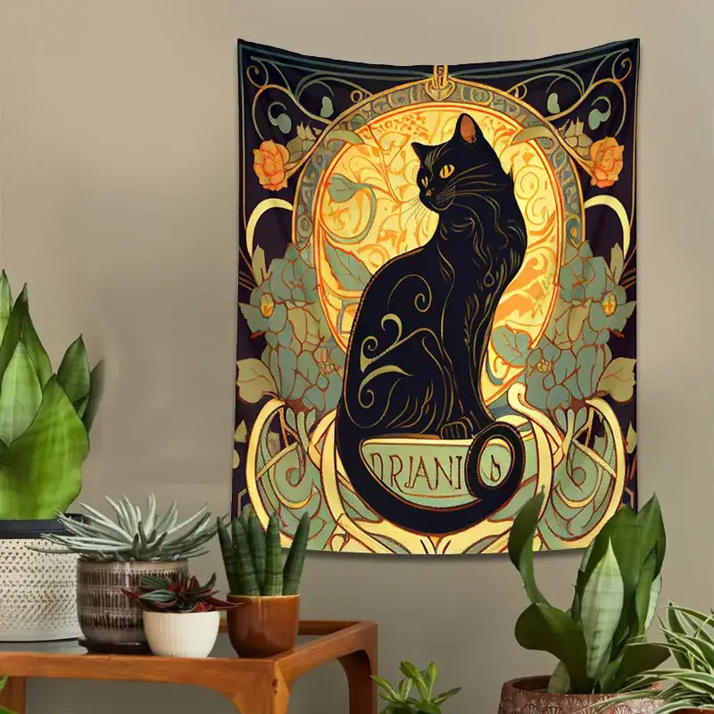 Art nouveau black cat tapestry bedroom floral wall decor