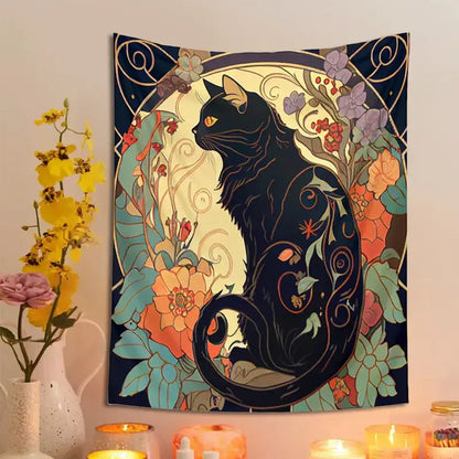 Art nouveau black cat tapestry wall hanging bedroom floral decor