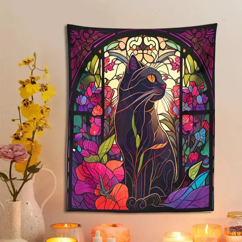 Art nouveau black cat tapestry wall hanging bedroom floral decor
