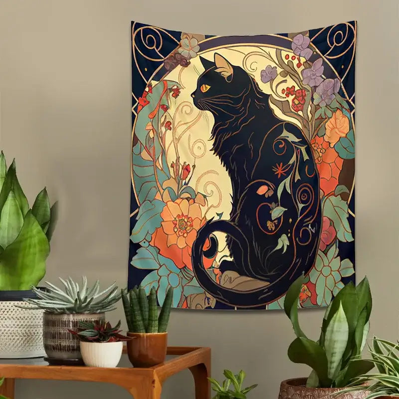 Art nouveau black cat tapestry wall hanging bedroom floral decor