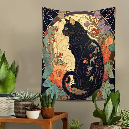 Art nouveau black cat tapestry wall hanging bedroom floral decor