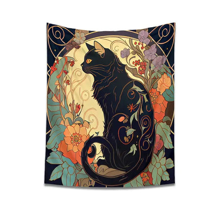 Art nouveau black cat tapestry wall hanging bedroom floral decor