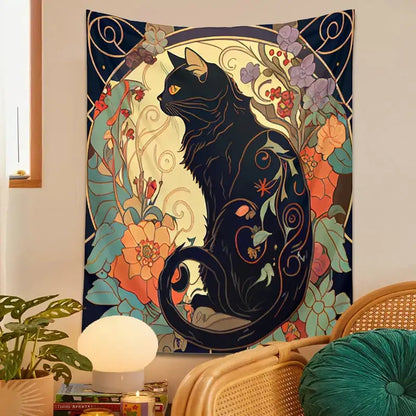 Art nouveau black cat tapestry wall hanging bedroom floral decor
