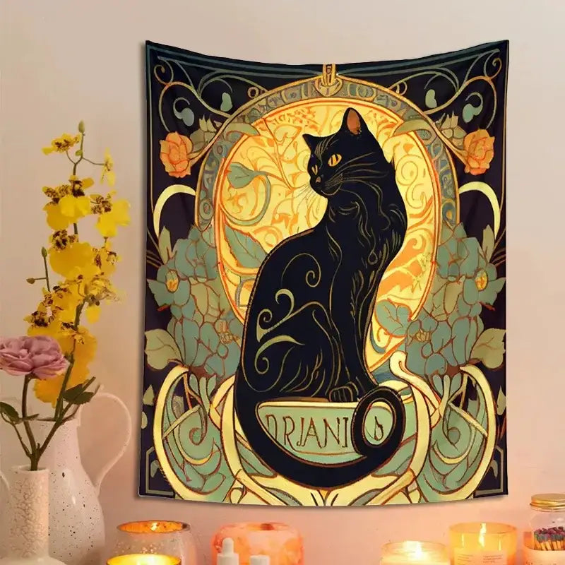 Art nouveau black cat tapestry wall hanging bedroom floral decor