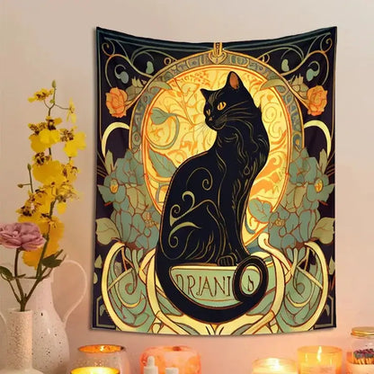 Art nouveau black cat tapestry wall hanging bedroom floral decor