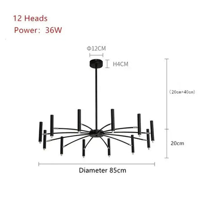 Art pendant chandelier black metal slender arm light living room