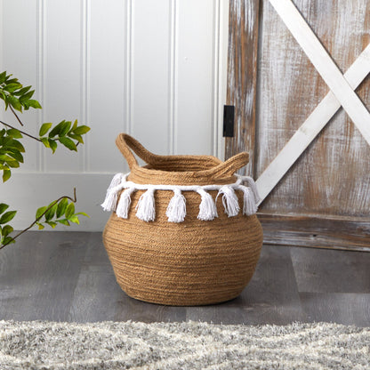 11” Boho Chic Handmade Natural Cotton Woven  Planter with Tassels