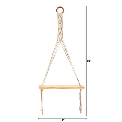 14” x 24” Handmade Macrame Wall Hanging with Wooden Shelf