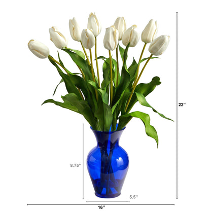 22” Dutch Tulip Artificial Arrangement in Blue Colored Vase