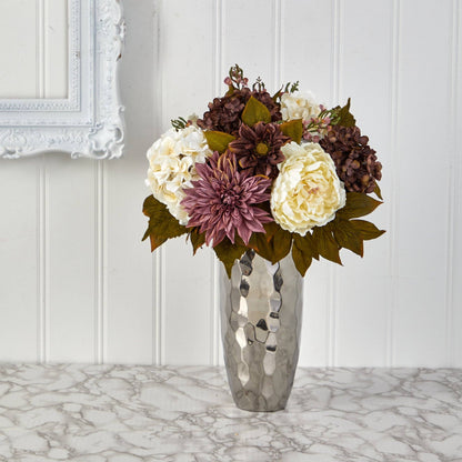 22” Peony, Hydrangea and Dahlia Artificial Arrangement in Silver Vase