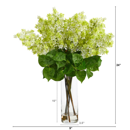 24” Artificial Lilac  Arrangement with  Cylinder Glass Vase