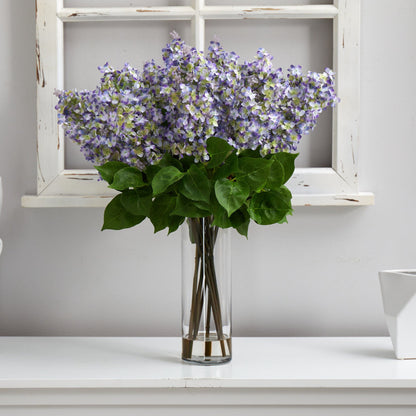 24” Artificial Lilac  Arrangement with  Cylinder Glass Vase