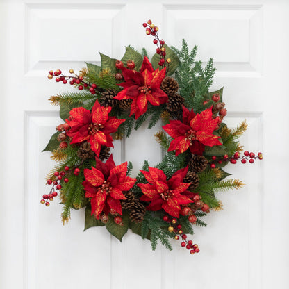 24" Poinsettia & Berry Wreath"