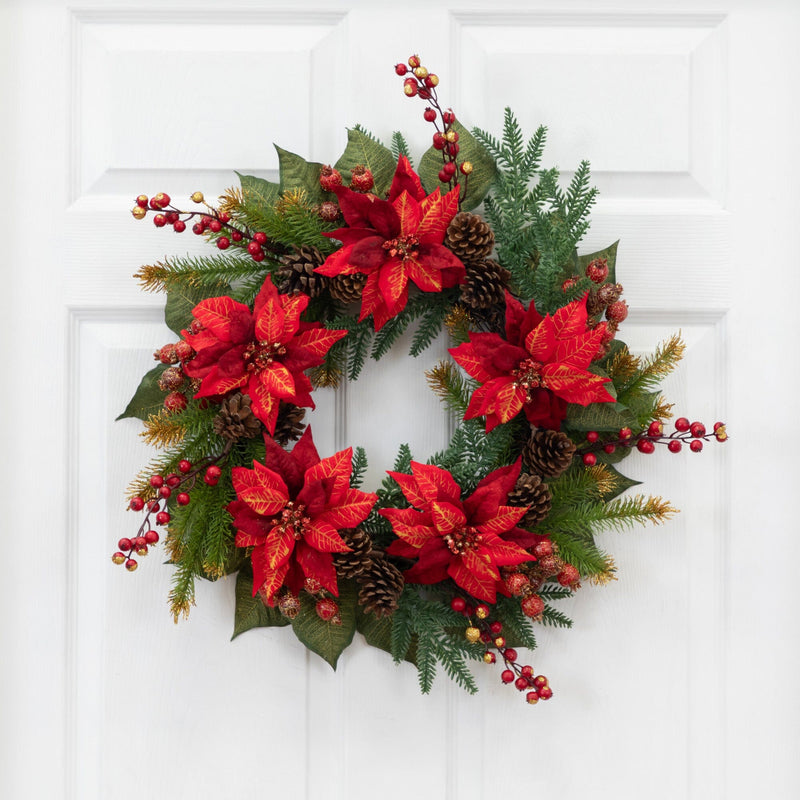 24" Poinsettia & Berry Wreath"