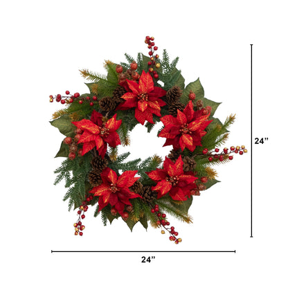 24" Poinsettia & Berry Wreath"