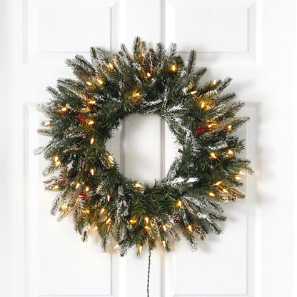 24” Snowed Artificial Christmas Wreath with 50 Warm White LED Lights and Pine Cones