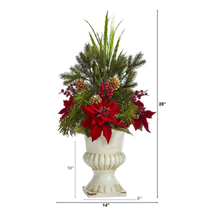 28” Poinsettia, Grass and Succulent Artificial Arrangement in White Urn