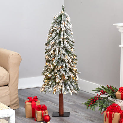 4’ Flocked Grand Alpine Artificial Christmas Tree with 100 Lights and 361 Branches on Natural Trunk