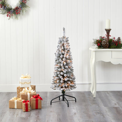 4’ Flocked Pencil Artificial Christmas Tree with 100 Clear Lights and 216 Bendable Branches
