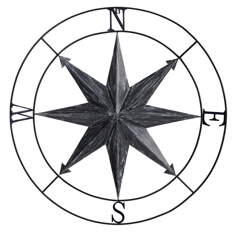 40” Washed Nautical Metal Compass Wall Art Decor