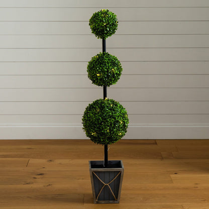45" UV Resistant Artificial Triple Ball Boxwood Topiary with LED Lights in Decorative Planter (Indoor/Outdoor)