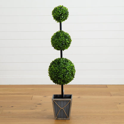 45" UV Resistant Artificial Triple Ball Boxwood Topiary with LED Lights in Decorative Planter (Indoor/Outdoor)