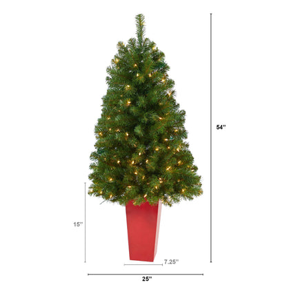 4.5’ Virginia Fir Artificial Christmas Tree with 100 Clear Lights and 223 Bendable Branches in Red Planter