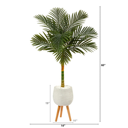5’ Golden Cane Artificial Palm Tree in White Planter with Stand