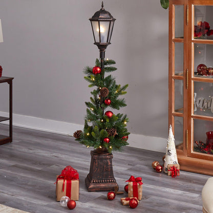 5' Holiday Decorated Lamp Post with Greenery, Ornaments and 50 LED Lights