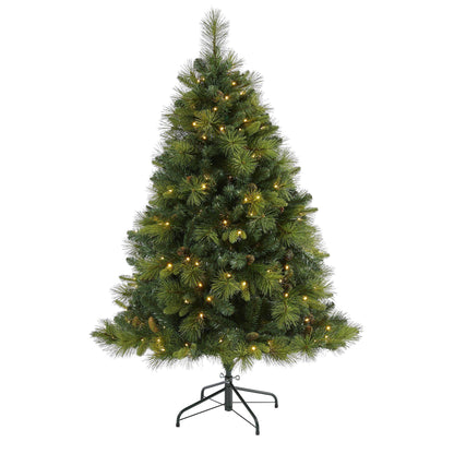 5’ North Carolina Mixed Pine Artificial Christmas Tree with 200 Warm White LED Lights, 711 Bendable Branches and Pinecones