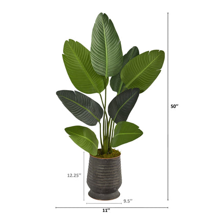 50” Traveler's Palm Artificial Tree in Ribbed Metal Planter