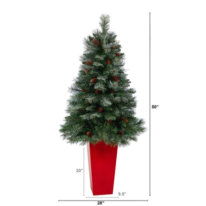 55” Snowed French Alps Mountain Pine Artificial Christmas Tree with 237 Bendable Branches and Pine Cones in Red Tower Planter
