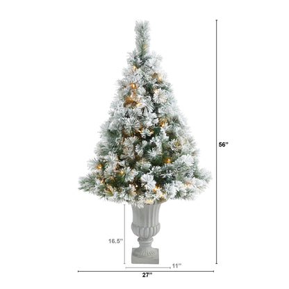 56” Flocked Oregon Pine Artificial Christmas Tree with 100 Clear Lights and 215 Bendable Branches in Decorative Urn