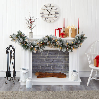 6’ Flocked Mixed Pine Artificial Christmas Garland with 50 LED Lights, Pine Cones and Berries
