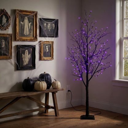 6’ Pre-Lit Halloween Black Twig Artificial Tree with 300 Orange & Purple LED Lights