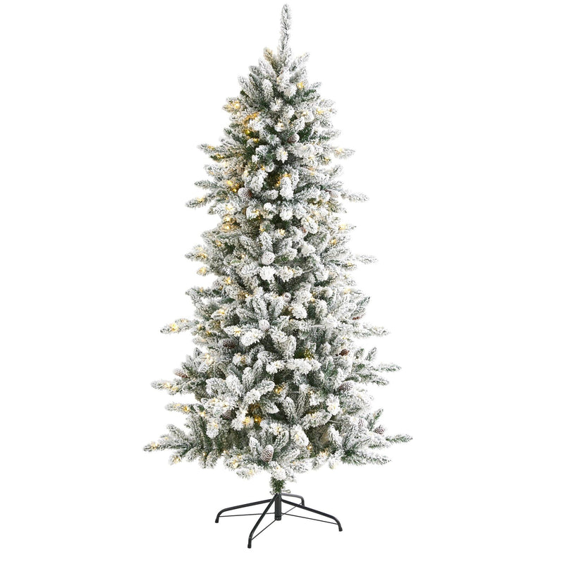 6.5’ Flocked Livingston Fir Artificial Christmas Tree with Pine Cones and 300 Clear Warm LED Lights