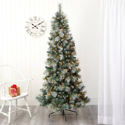 Frosted Tip British Columbia Mountain Pine Artificial Christmas Tree with 400 Clear Lights, Pine Cones and 882 Bendable Branches