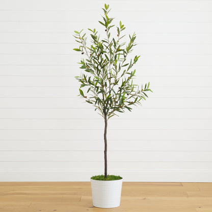 70” Olive Artificial Tree in White Tin Planter