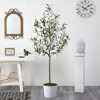 70” Olive Artificial Tree in White Tin Planter