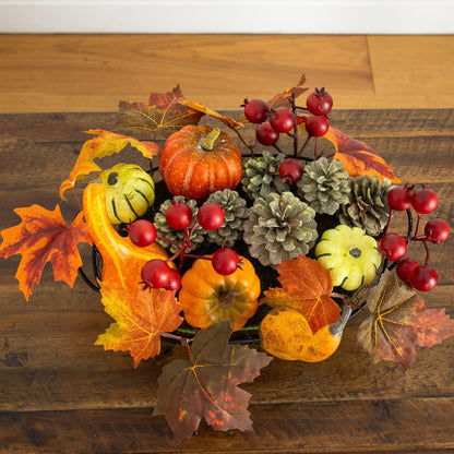 9" Pumpkin, Gourd, Berry and Maple Leaf Artificial Arrangement"