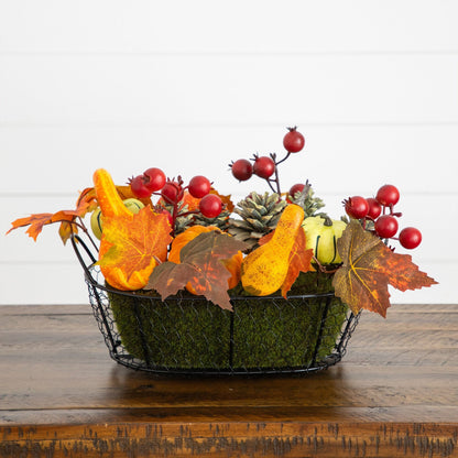 9" Pumpkin, Gourd, Berry and Maple Leaf Artificial Arrangement"