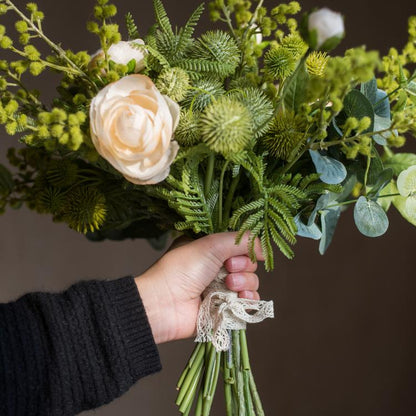 Artificial Flower Bouquet Greenery White Rose Bouquet 13" Tall