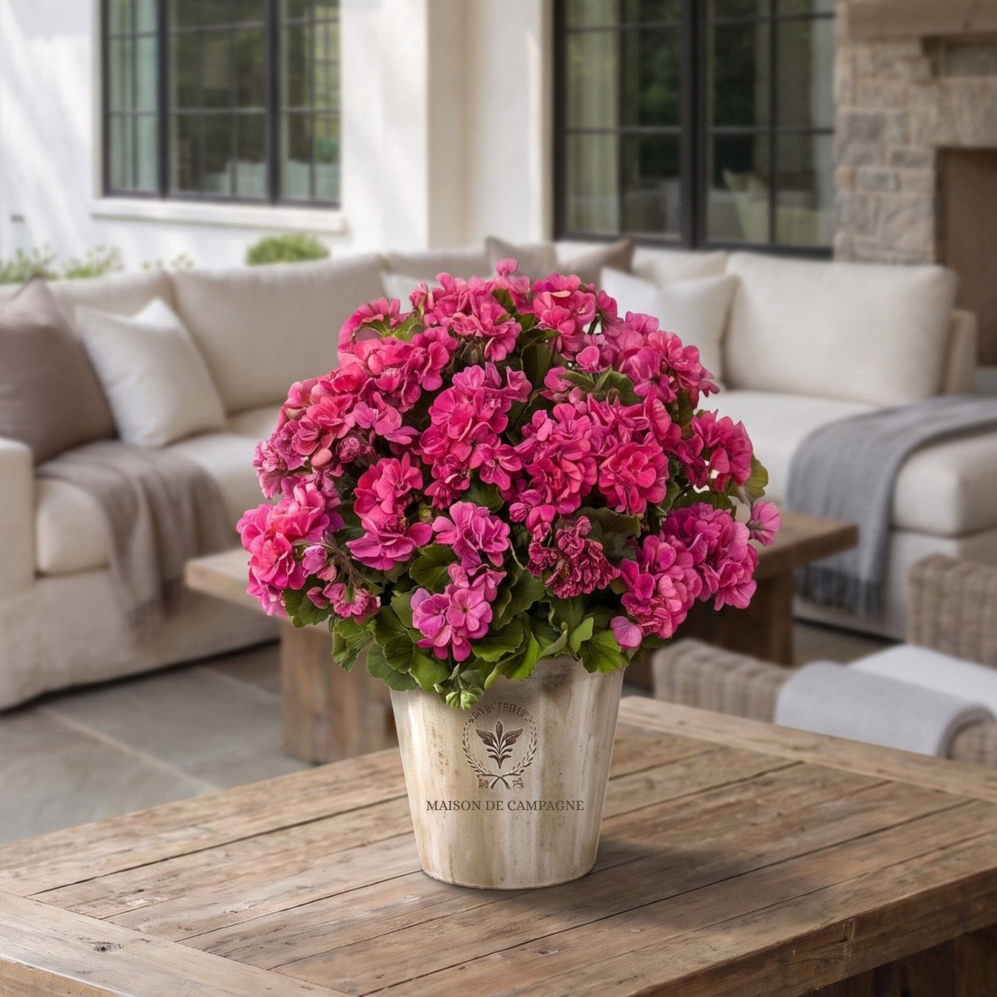 Geranium in Farmhouse Planter UV Resistant (Indoor/Outdoor)