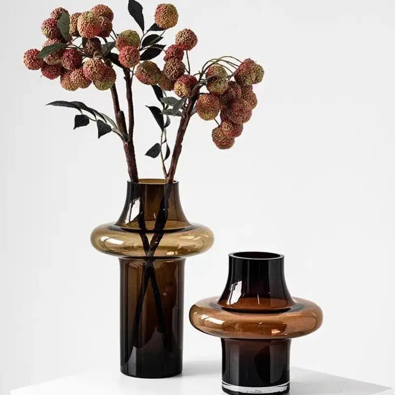 Artisan glass amber bulbous vase living room decor