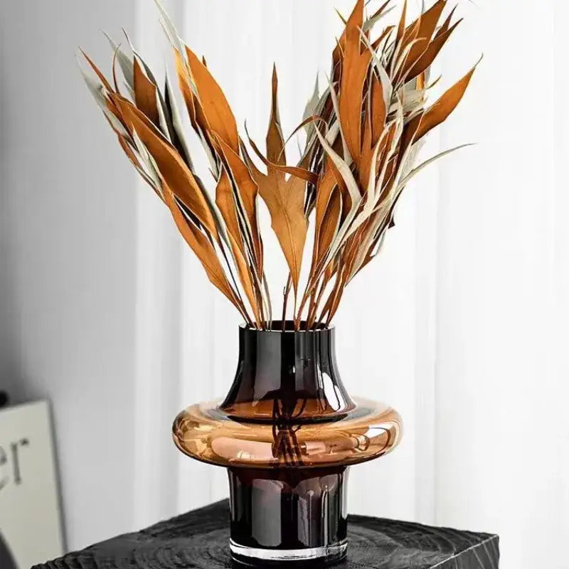 Artisan glass amber bulbous vase living room decor