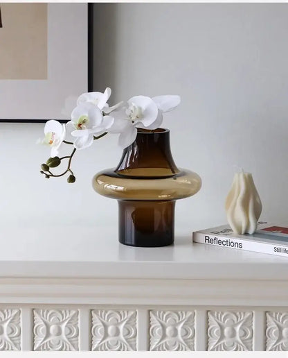Artisan glass amber bulbous vase living room decor